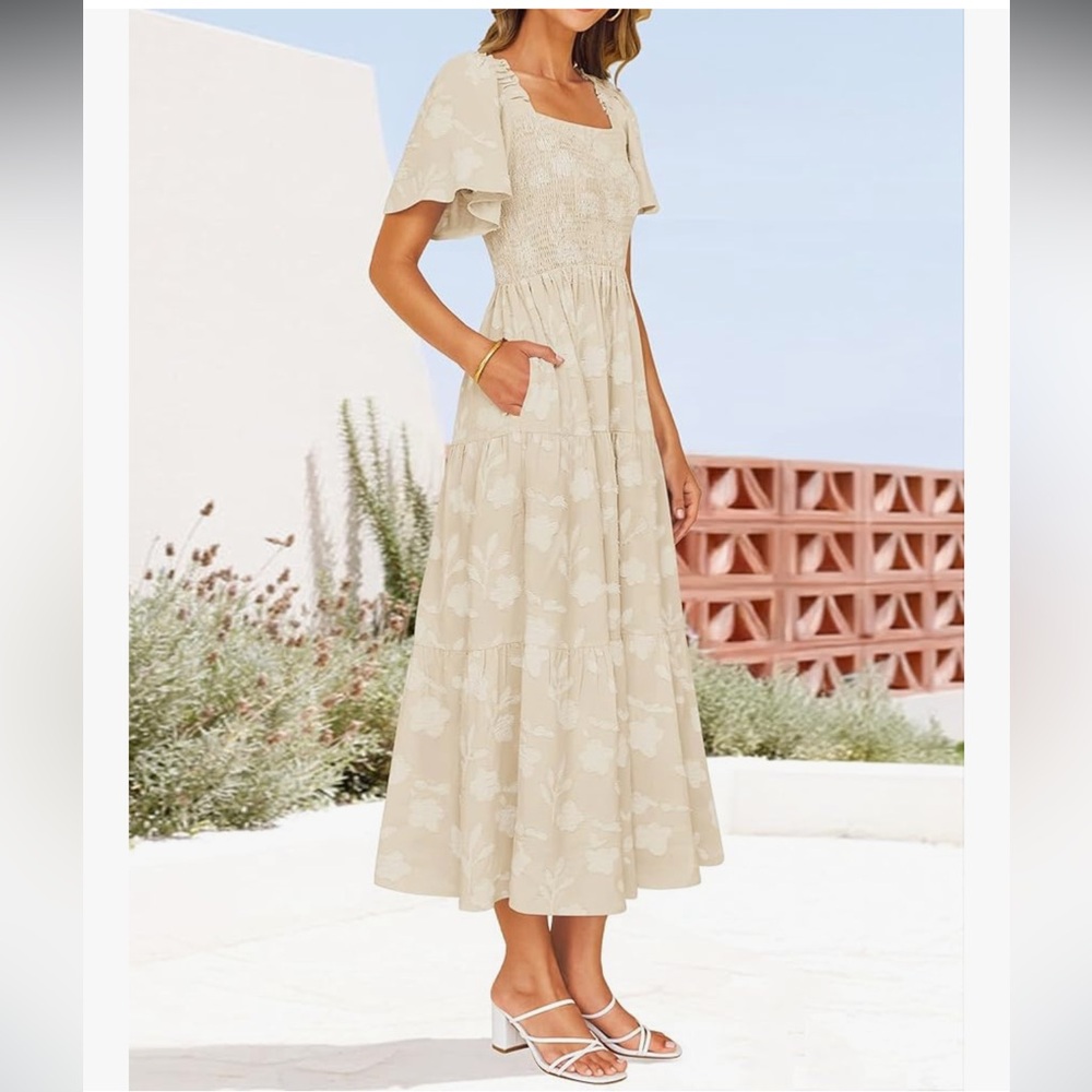 Elegant Cream Floral Dress with pockets